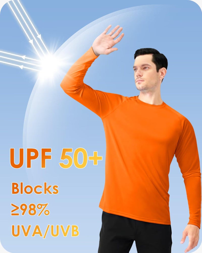 Boladeci Rash Guard for Men Long Sleeve Tee Shirts SPF 50 Sun UV Protection Clothing Lightweight Breathable Quick Dry Running Gym Swimming (Orange) - Image 2